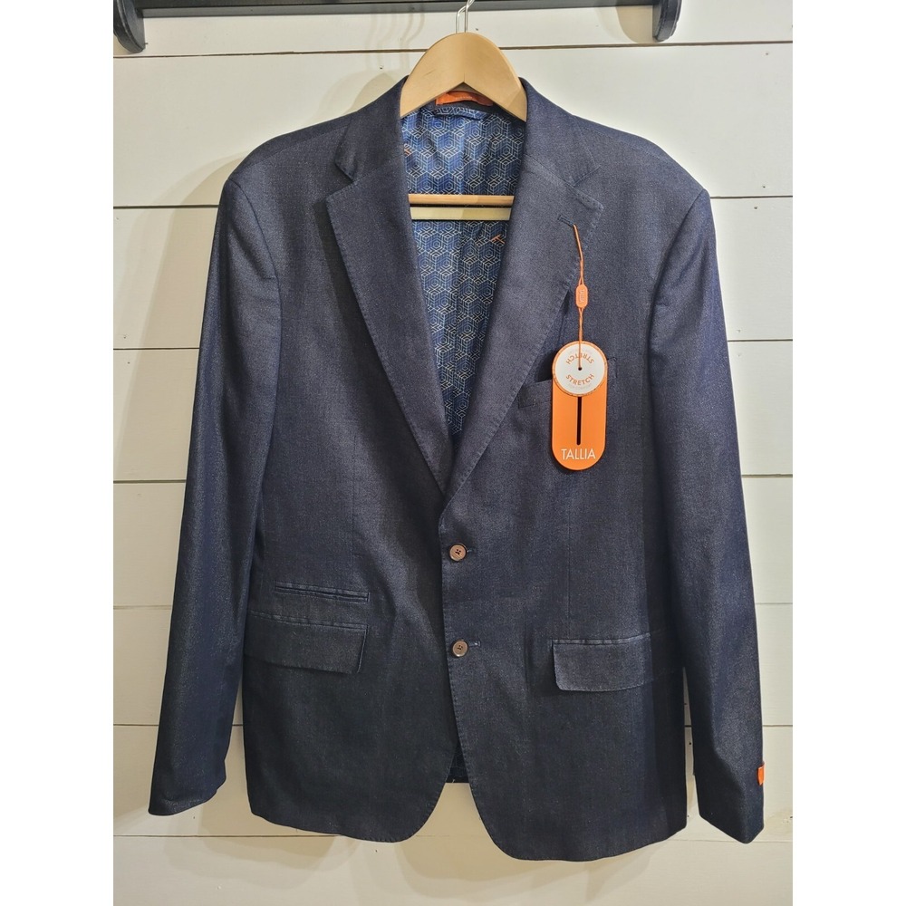 Tallia Orange Mens Modern-Fit Metallic Blue Denim Cotton Coat Blazer L